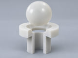 CGI conceitual: esfera de polipropileno sobre uma sede anular cônica e um furo vertical aberto alinhado; homopolímero ou copolímero e aditivos identificados; conceito de contato axial de componente