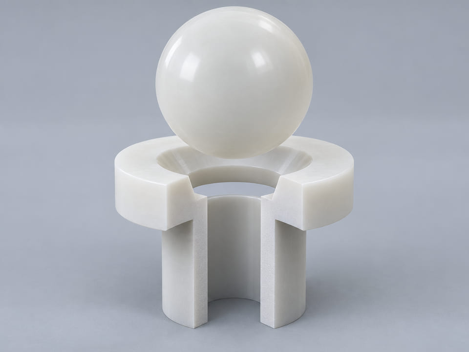 CGI conceptual: esfera completa de polipropileno; se deben identificar el homopolímero o copolímero y los aditivos, sobre un asiento anular cónico y un orificio vertical abierto alineado; concepto de contacto axial entre componentes