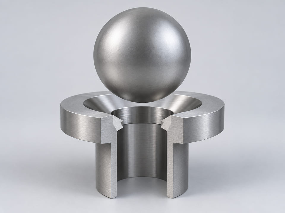 Konzeptionelle CGI-Darstellung: Kugel aus spezifiziertem Reintitan oder einer Titanlegierung einschließlich Güte und Zustand über einem konischen Ringsitz und einer dazu ausgerichteten offenen vertikalen Bohrung; axiales Kontaktkonzept für Bauteile