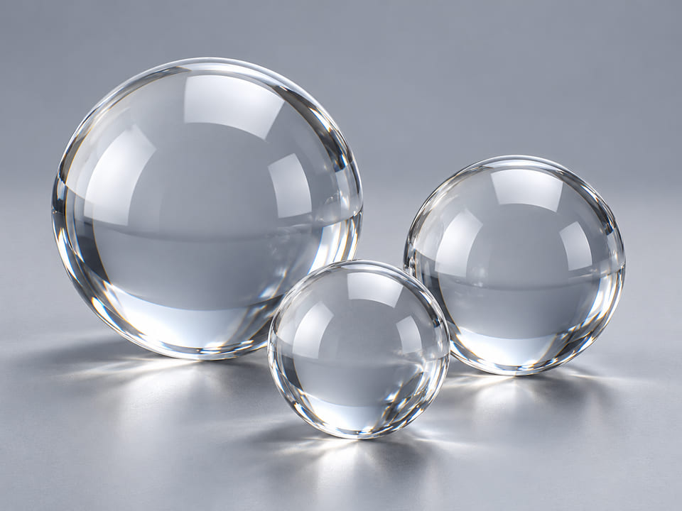 Concepto de producto CGI de bolas acrílicas de PMMA; materiales y geometría ilustrativos