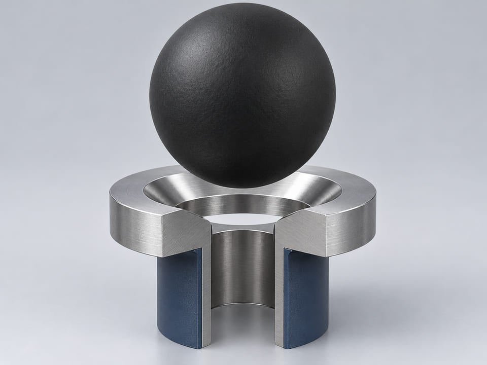 CGI conceptuelle : sphère complète avec noyau et élastomère spécifié, au-dessus d’un siège annulaire conique et d’un alésage vertical ouvert aligné ; concept de contact axial du composant