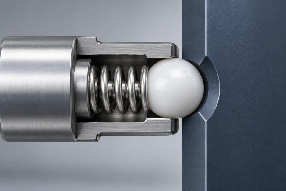 CGI cutaway of a POM sphere, spring and housing contacting a recessed indexing plate