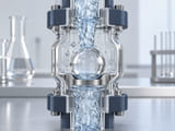 Concepto CGI: cámara de fluidos de laboratorio con una esfera transparente de borosilicato retenida contra un asiento anular en un racor vertical transparente; fondo de banco de trabajo limpio