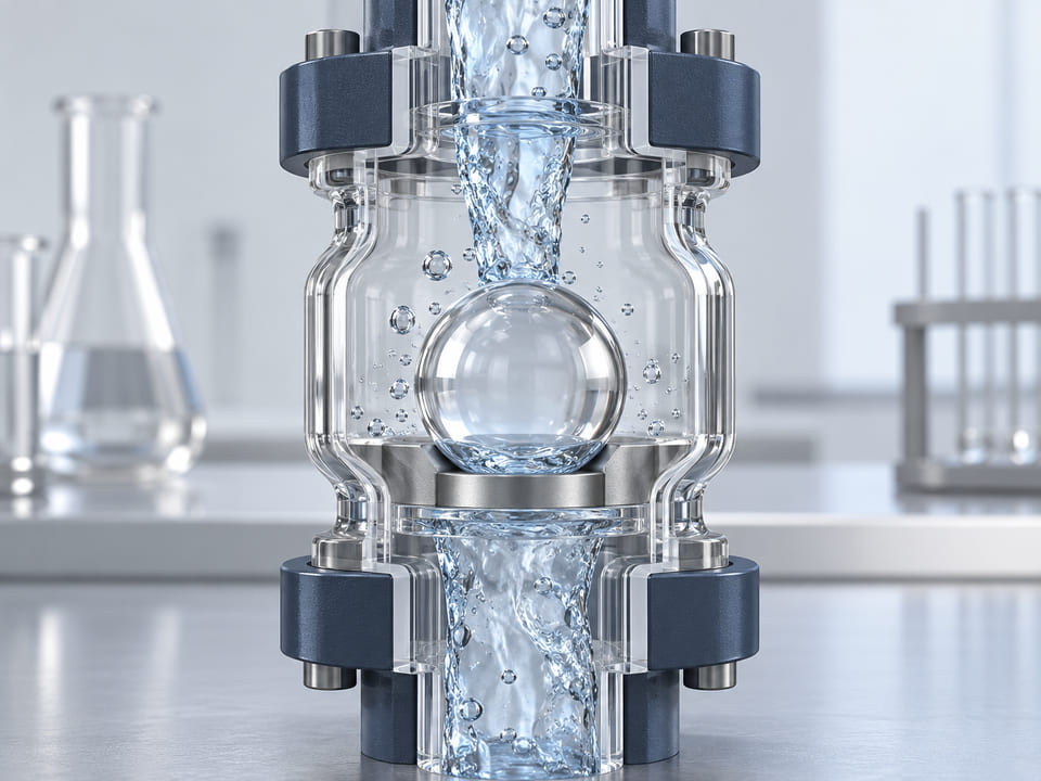 Concepto CGI: cámara de fluidos de laboratorio con una esfera transparente de borosilicato retenida contra un asiento anular en un racor vertical transparente; fondo de banco de trabajo limpio