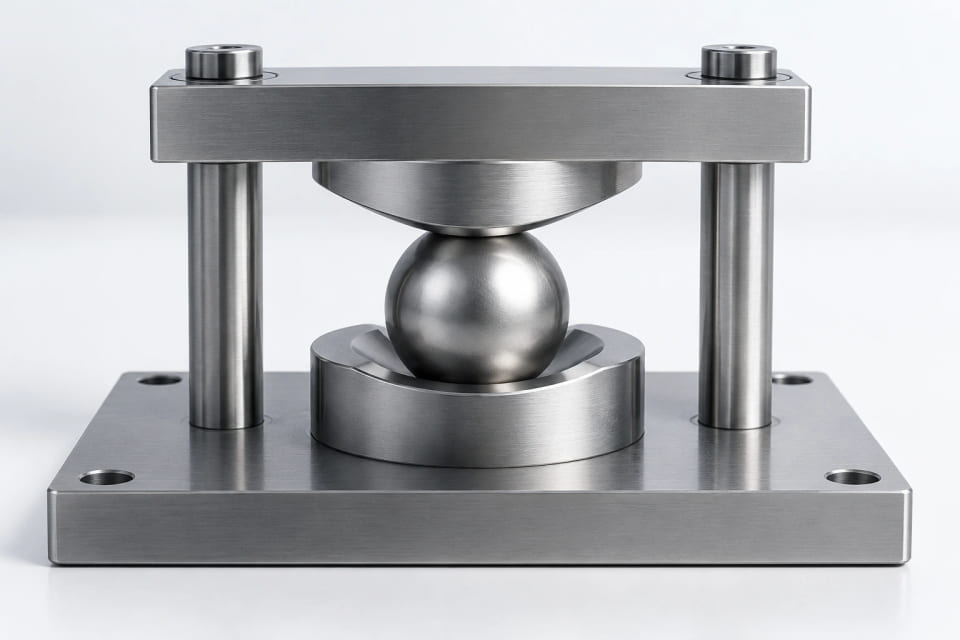 A steel sphere between two mating raceway segments in a conceptual contact fixture.