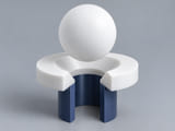 Conceptual CGI: Complete PTFE; unfilled or a named filled compound sphere above a conical annular seat and an aligned open vertical bore; axial component contact concept