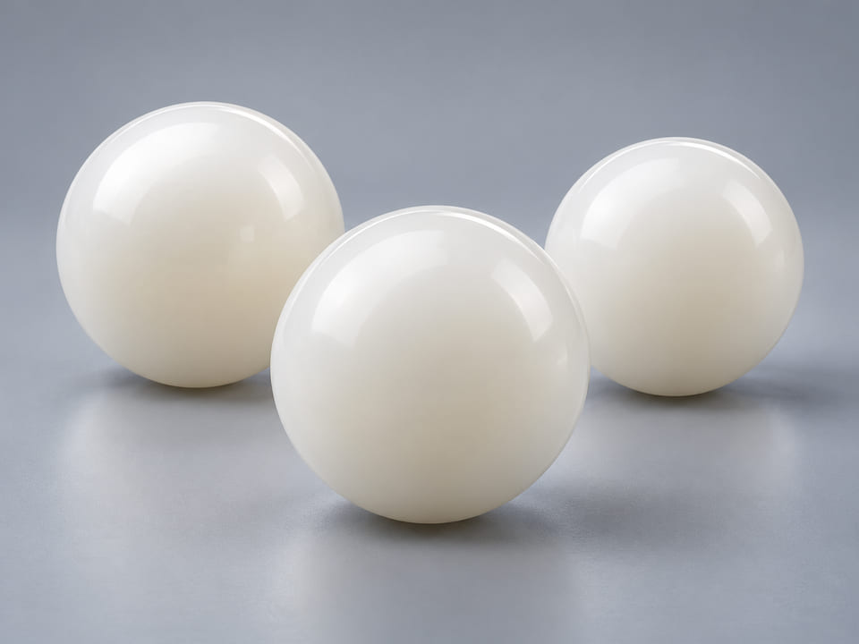 Concept de produit CGI de billes en PVDF ; matériau et géométrie illustratifs