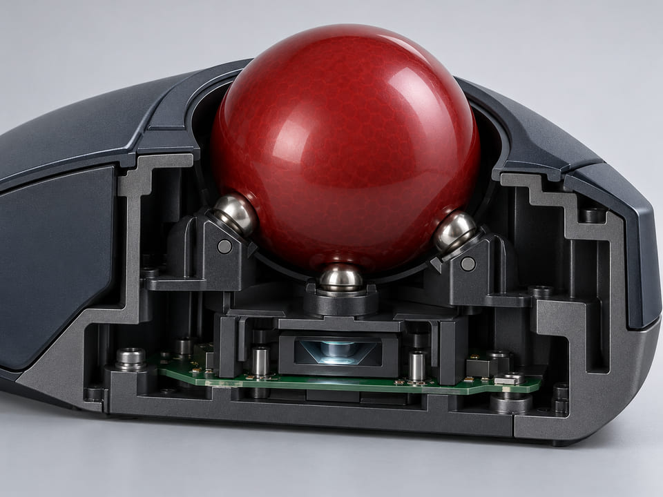 Konzeptionelle CGI-Darstellung: Schnitt durch ein industrielles Trackball-Modul mit großer roter, dezent strukturierter Harzkugel auf drei kleinen Stützkugeln, optischem Sensorfenster darunter und kompaktem schwarzem Gehäuse; plausible Geometrie