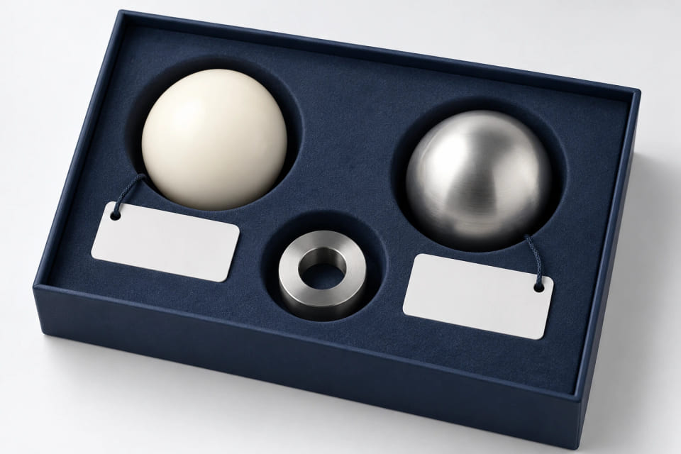 Two separately retained sphere candidates and a seat with blank sample tags.