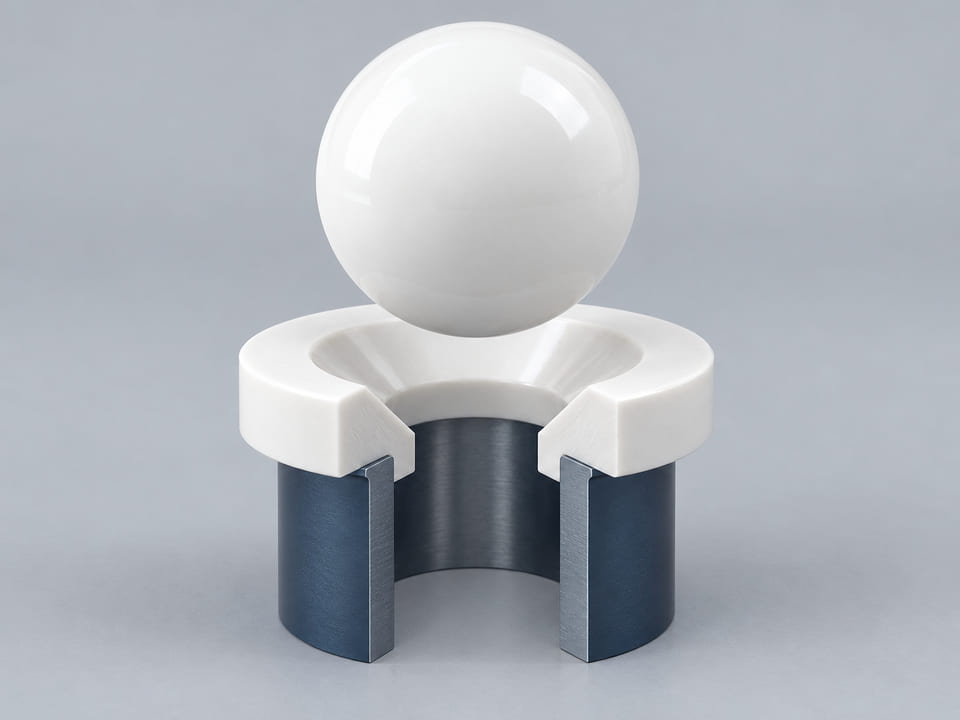 Conceptual CGI: Complete Aluminium oxide, Al2O3; purity and ceramic grade specified sphere above a conical annular seat and an aligned open vertical bore; axial component contact concept
