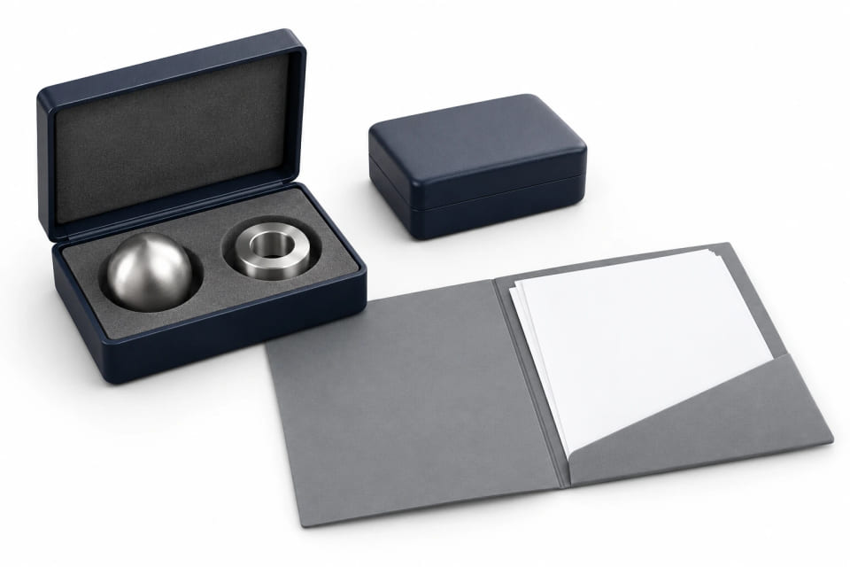 CGI concept of a representative ball-and-seat sample in a fitted case beside an empty case and blank project folder