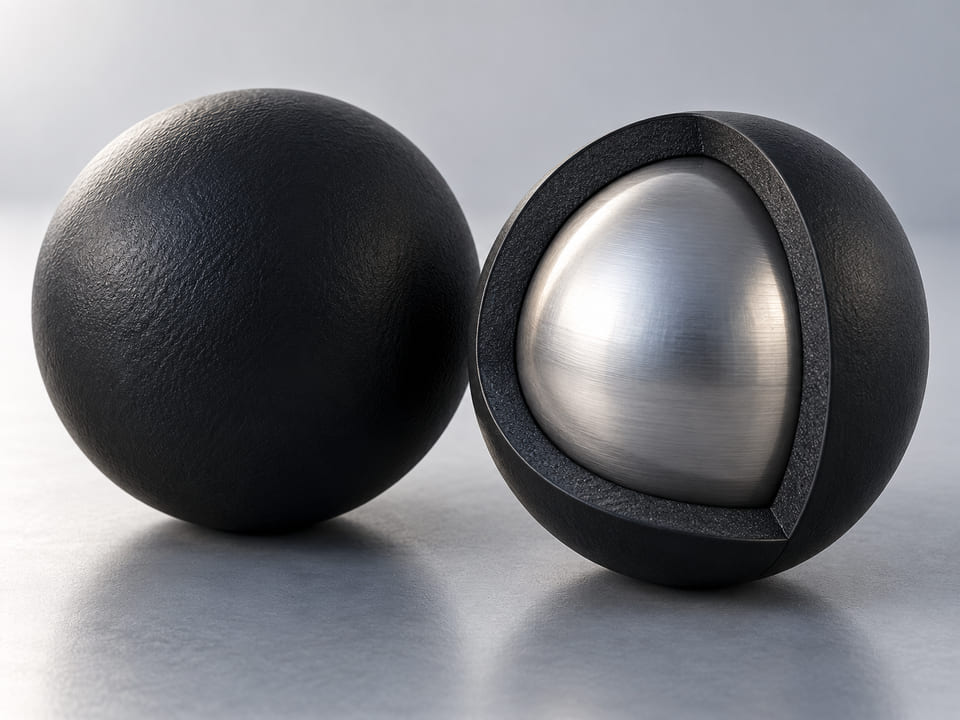 CGI conceptuelle : coupe d’une sphère à revêtement noir en caoutchouc révélant un noyau métallique argenté solide entouré d’une épaisse coque d’élastomère noir uniforme, à côté d’une sphère intacte correspondante ; adhérence du revêtement représentée simplement, sans écailles éclatées