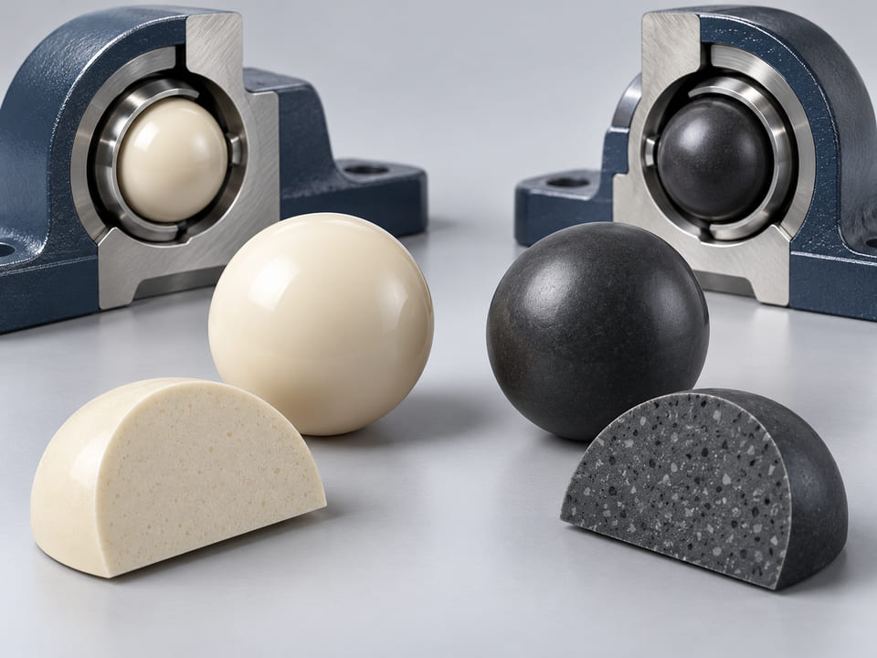 Conceptual CGI: Ivory unfilled PEEK sphere beside dark filled-PEEK compound sphere and exposed material sample cross-sections showing subtle dispersed filler concept; no false visible fibres across polished ball