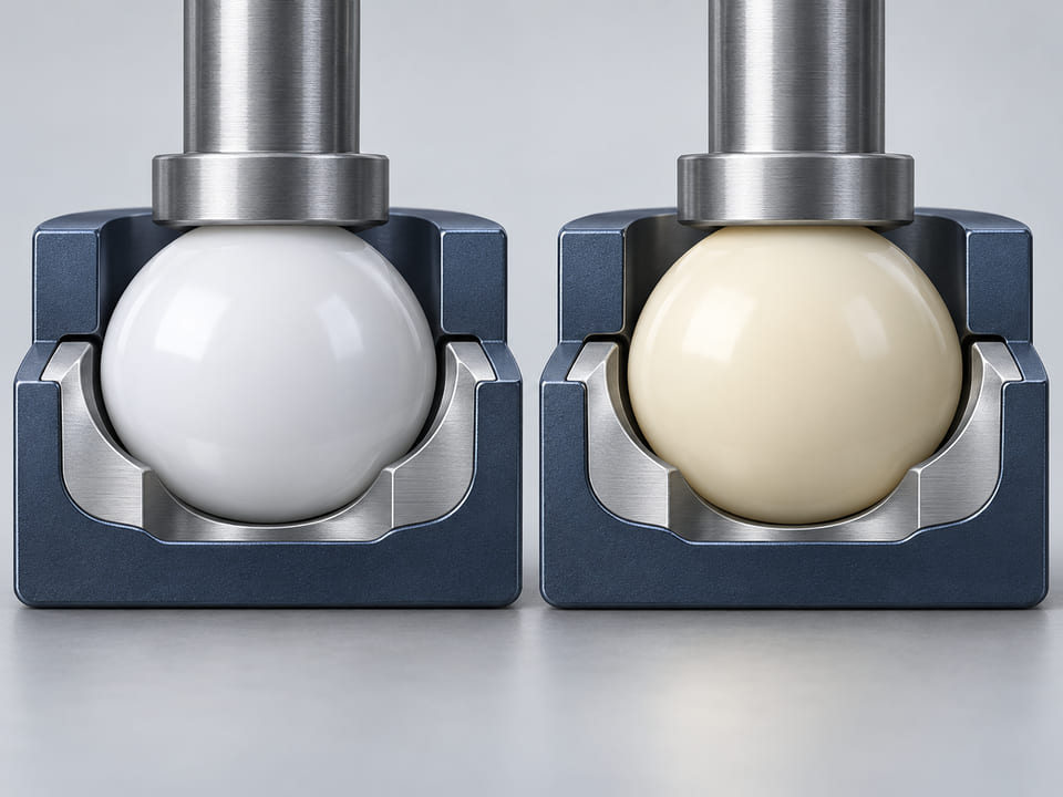 CGI conceptuelle : sphère blanche en POM dans une coupelle de siège mécanique léger, à côté d’une sphère ivoire en nylon dans une seconde coupelle identique ; jeu de fonctionnement visible et géométrie de contact polie, sans affirmation d’essai