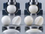 CGI conceptual: esfera blanca de UHMWPE junto a una esfera blanca de HDPE, con secciones de muestra mecanizadas y dos huellas de contacto moderadas; comparación cualitativa de material y deformación, sin puntuaciones de rendimiento