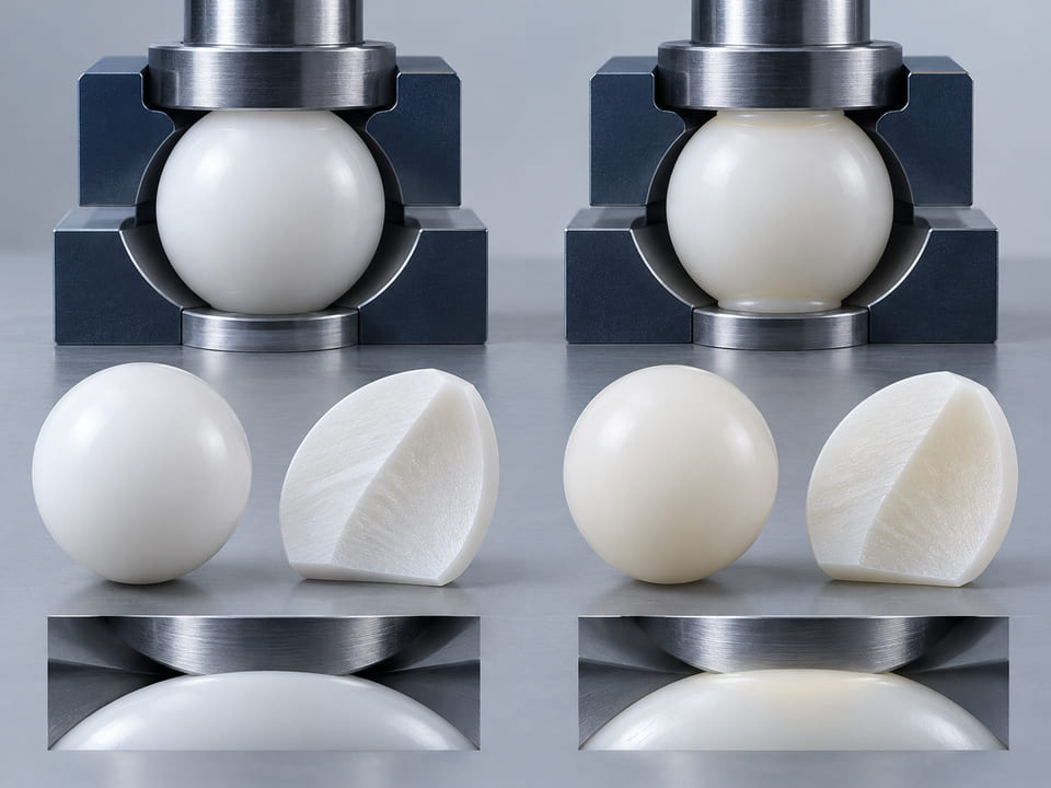 CGI conceptual: esfera blanca de UHMWPE junto a una esfera blanca de HDPE, con secciones de muestra mecanizadas y dos huellas de contacto moderadas; comparación cualitativa de material y deformación, sin puntuaciones de rendimiento