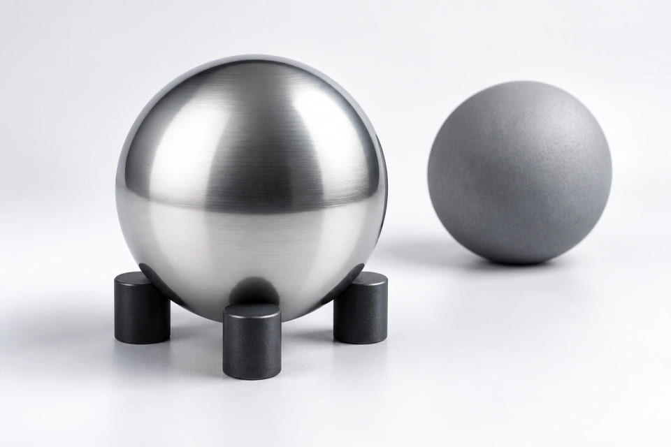 A polished sphere on a three-point support under controlled reflected light.