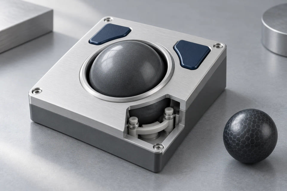 Concept CGI d’un trackball de panneau de commande avec un échantillon de sphère à motif distinct
