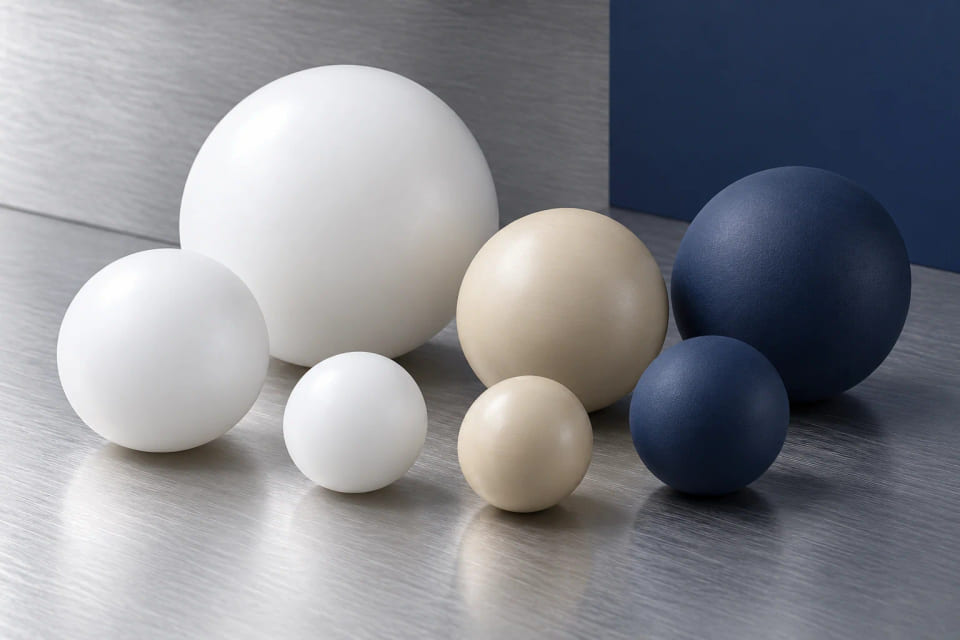CGI product-material illustration of polymer and elastomer-like spheres