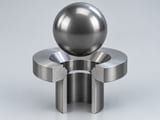 CGI conceitual: esfera de carbeto de tungstênio metal duro com grau e sistema aglutinante especificados, sobre uma sede anular cônica e um furo vertical aberto alinhado; conceito de contato axial de componente