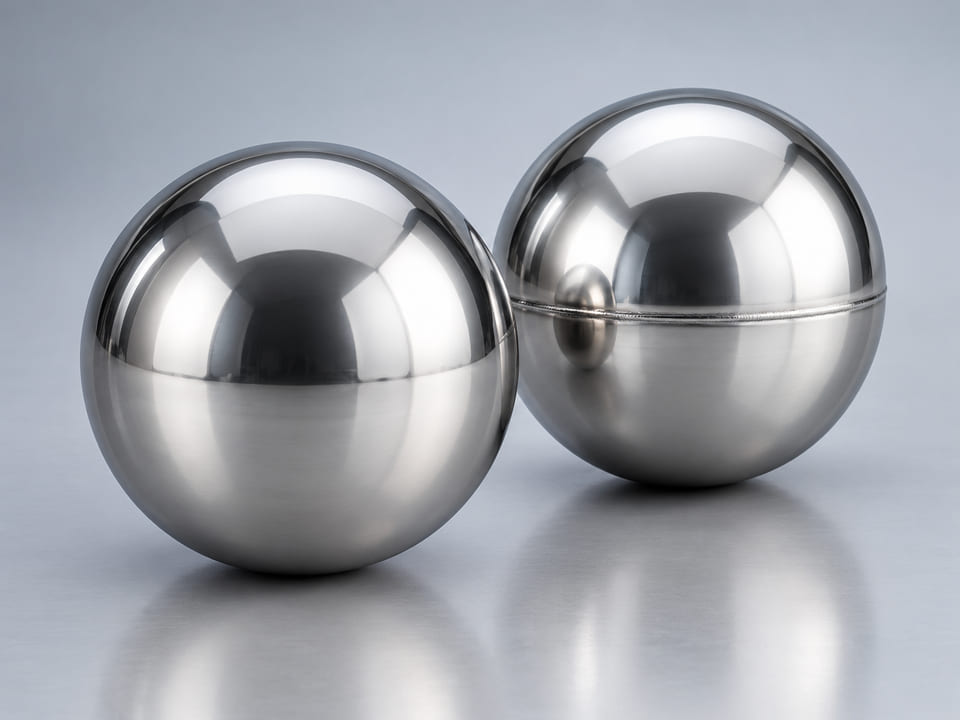 Concepto de producto CGI de bolas huecas de acero inoxidable; materiales y geometría ilustrativos