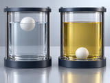 CGI conceptual: dos recipientes de fluido transparentes con conceptos de esferas blancas de HDPE del mismo tamaño; una flota en el menisco y la otra descansa en el fondo en un fluido visiblemente distinto; comparación cualitativa de densidades, sin cifras