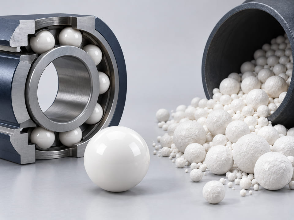 Conceptual CGI: White dense precision alumina sphere beside a small pile of rougher white ceramic milling beads; distinguish precision component and process media with clear surface difference, no labels