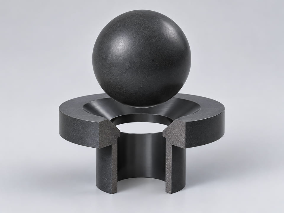 CGI conceptual: esfera completa de carburo de silicio SiC; grado, ruta de procesamiento y fases secundarias identificados; situada sobre un asiento anular cónico y un orificio vertical abierto y alineado; concepto de contacto axial entre componentes