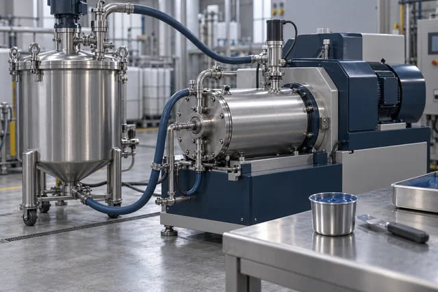 CGI application scene of a bead mill connected to a pigment-dispersion station