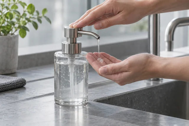 CGI application scene of a pump dispenser delivering liquid into a hand