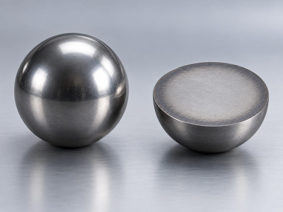 CGI conceitual: esfera de aço completa e seção hemisférica sólida contínua com uma fina zona externa conceitual endurecida; sem casca separada