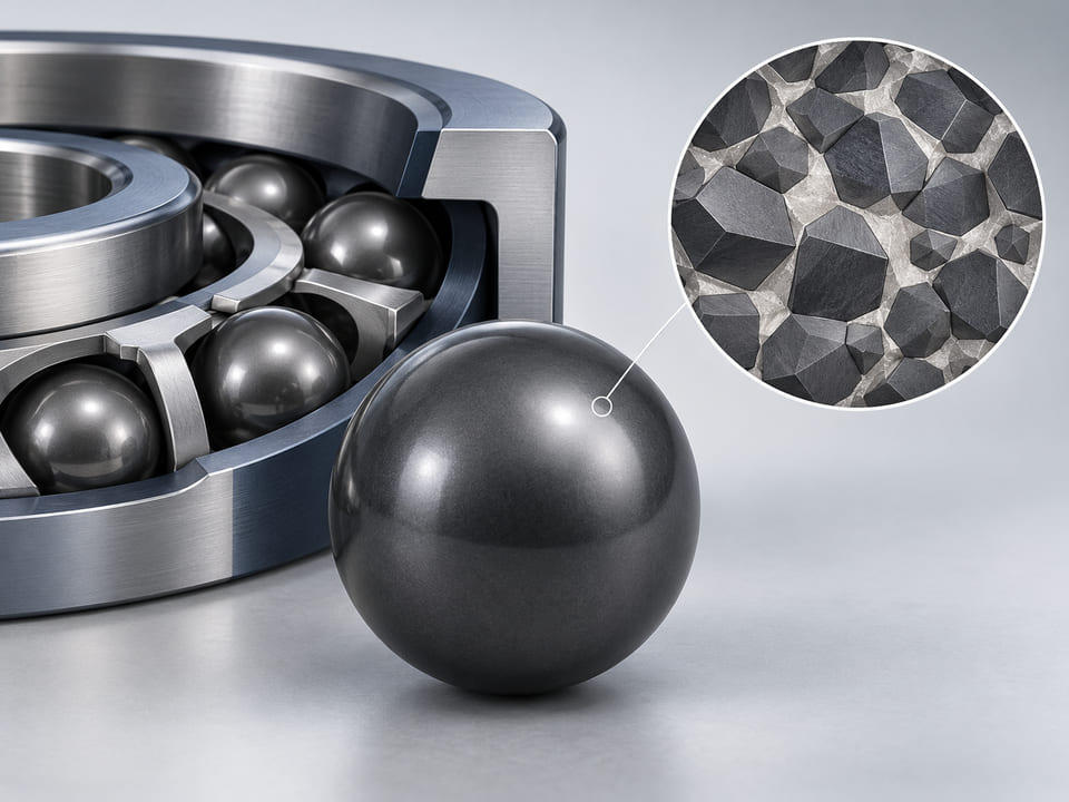 CGI conceptual: esfera de carburo gris oscuro junto a un mosaico abstracto ampliado de granos duros y aglutinante; CGI esquemático limpio, claramente conceptual y no es una micrografía