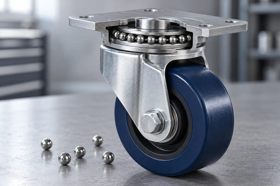 CGI concept of a caster swivel and its spherical rolling elements
