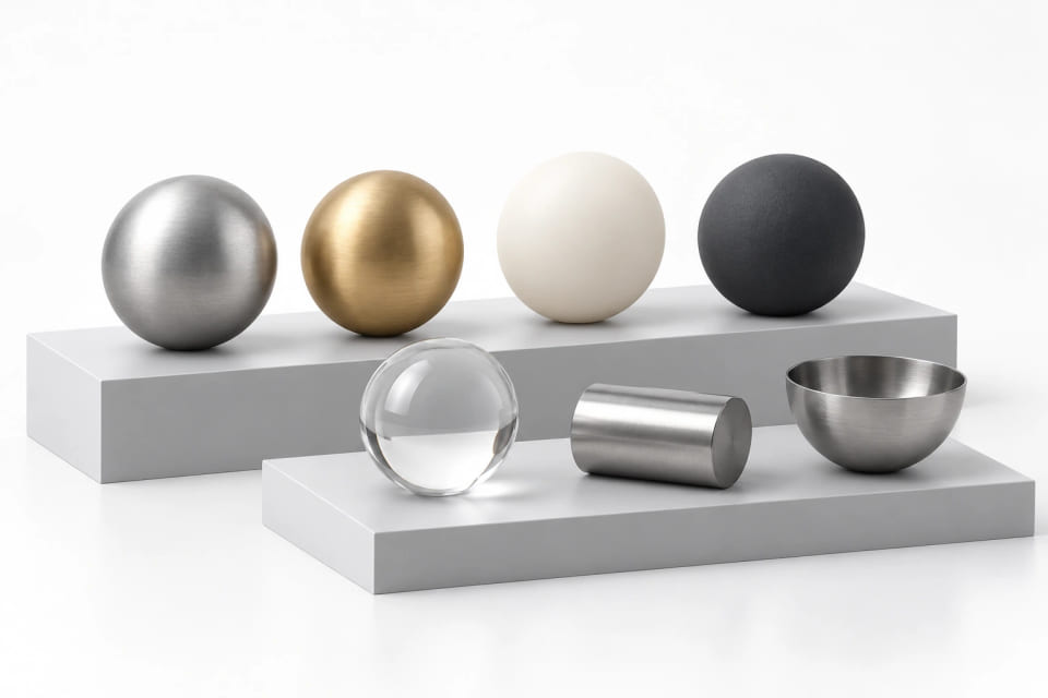 CGI collection of metal, polymer, ceramic and glass spheres with roller and hollow-shell forms